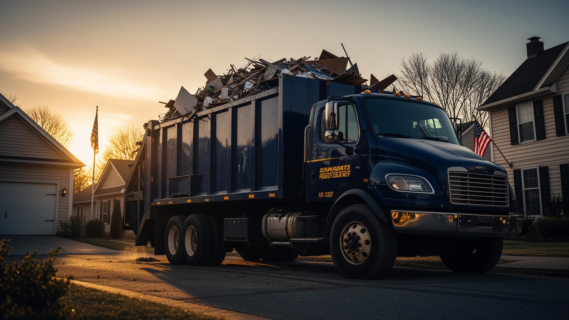 Junk Be Gone hauling truck loaded with debris at sunset in a small Missouri town